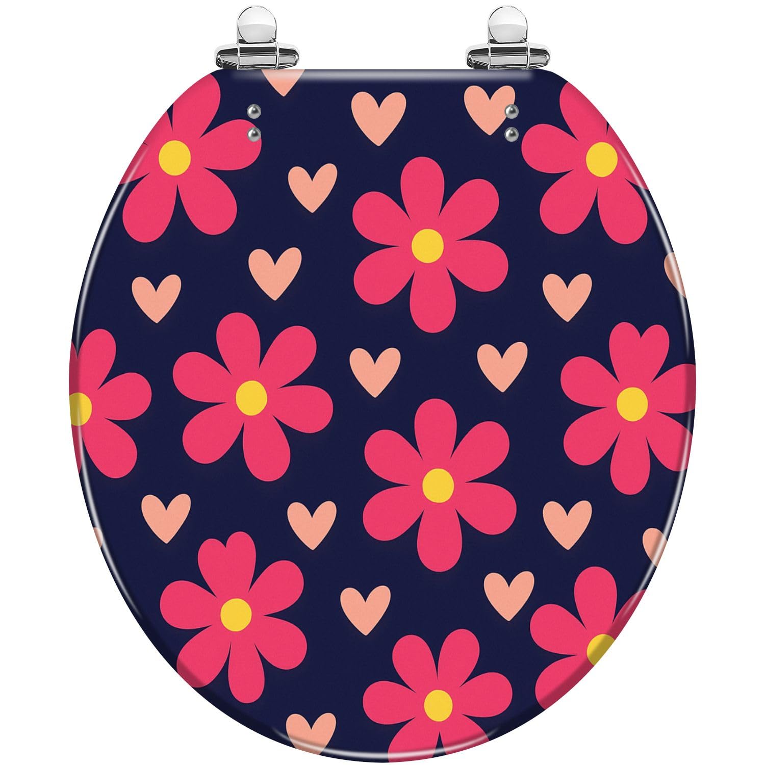 Round Toilet Seat Cute feminine seamless pattern flowers hearts Repeated girly print Resin Toilet Seat Quietly Close Quick Release Hinges with Cover Bumpers Decorative Easy to Install Clean