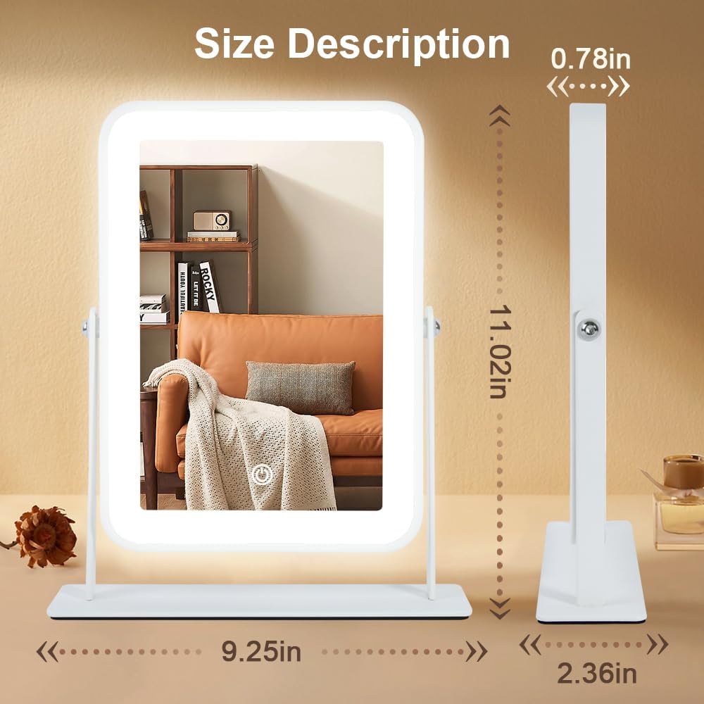 Rechargeable LED Vanity Mirror with Lights,11"×9" Small Desk Makeup Mirror with Lights,Smart Touch with 3-Color Lighting,Dimmable,for Birthday Gifts for Women,Home Dorm Decor - Image 2