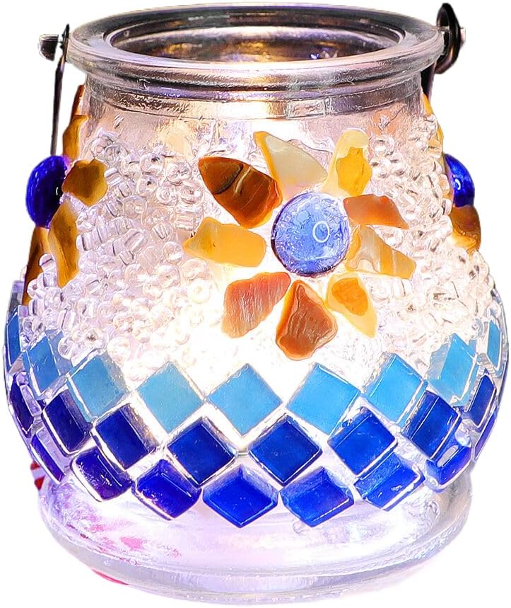 Jixin XyzhiDIY Mosaic Kits Lantern Candlestick Glass Light Candle Holders with LED Lights, Gift for Girls and Adults Decorative Mosaic Design, Small, Wedding Home Decor