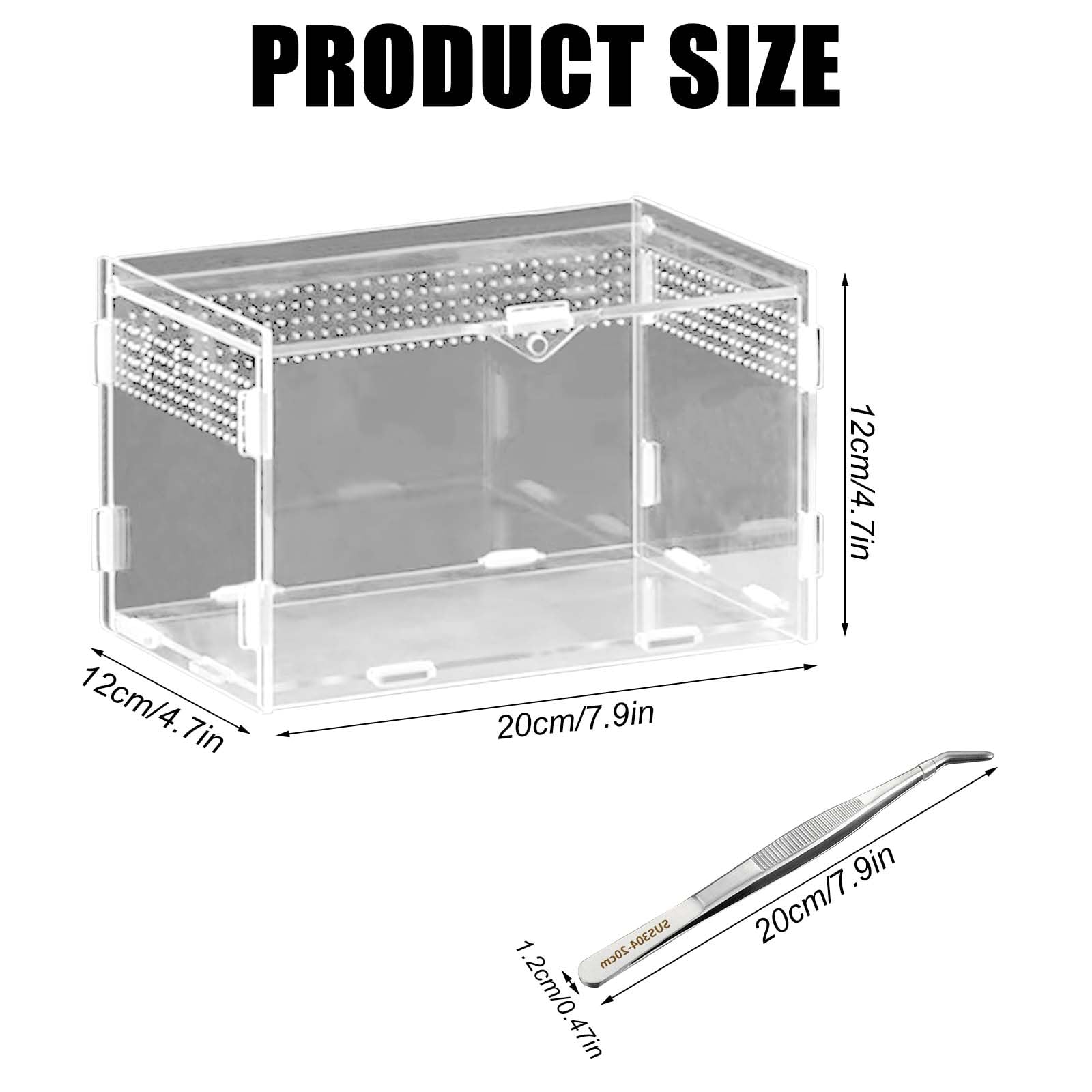 Boîte d'alimentation pour reptiles en acrylique - 20 x 12 x 12 cm - Mini terrarium transparent - Avec tweezer en acier inoxydable - Transparence totale à 360 ° - Pour petits reptiles et araignées