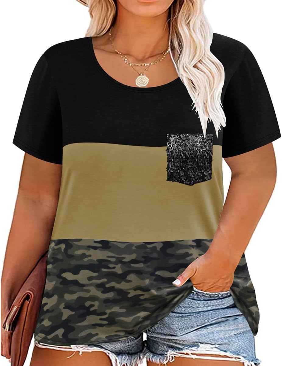RITERA Plus Size Short Sleeve Tops Colorblock T Shirts Blouses Camouflage Tshirt Sequin Pocket Tee Summer Tunic Blouses Army Green Camouflage 5XL