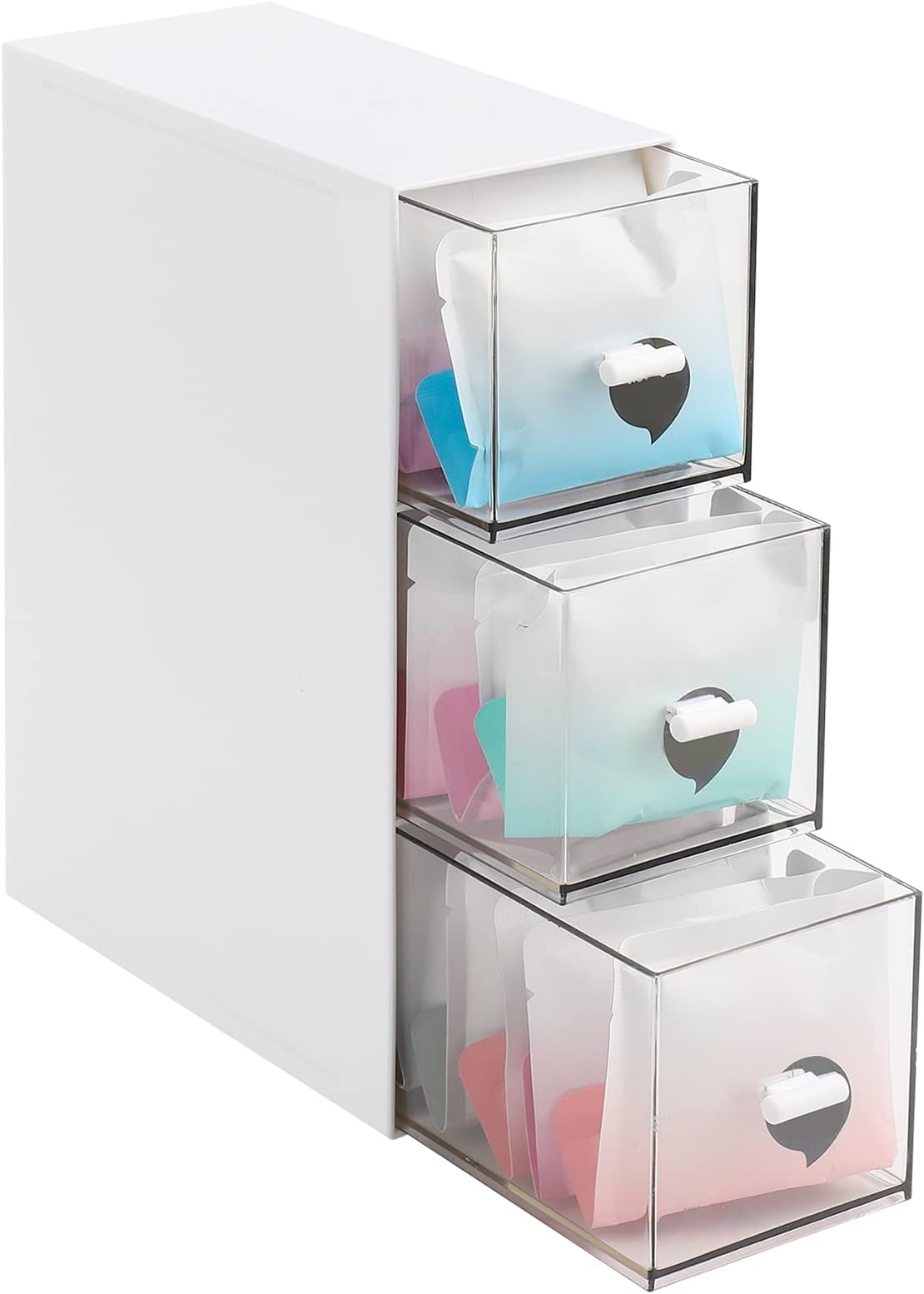 Opopark Tea Storage Boxes Handy Tea Box Storage with 3 Drawers for Different Types of Teabags Plastic Tea Chest for Kitchen Organisers for Tea Bags Sugar Coffee Pods (White)
