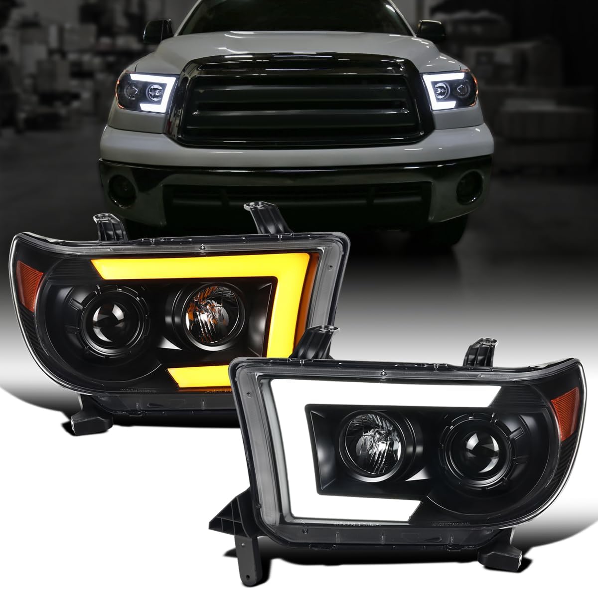 Ronnin - Fits 2007-2013 Toyota Tundra 2008-2017 Sequoia Projector Headlights LED Switchback Sequential Turn Signals Replacement Assembly Pair | Black