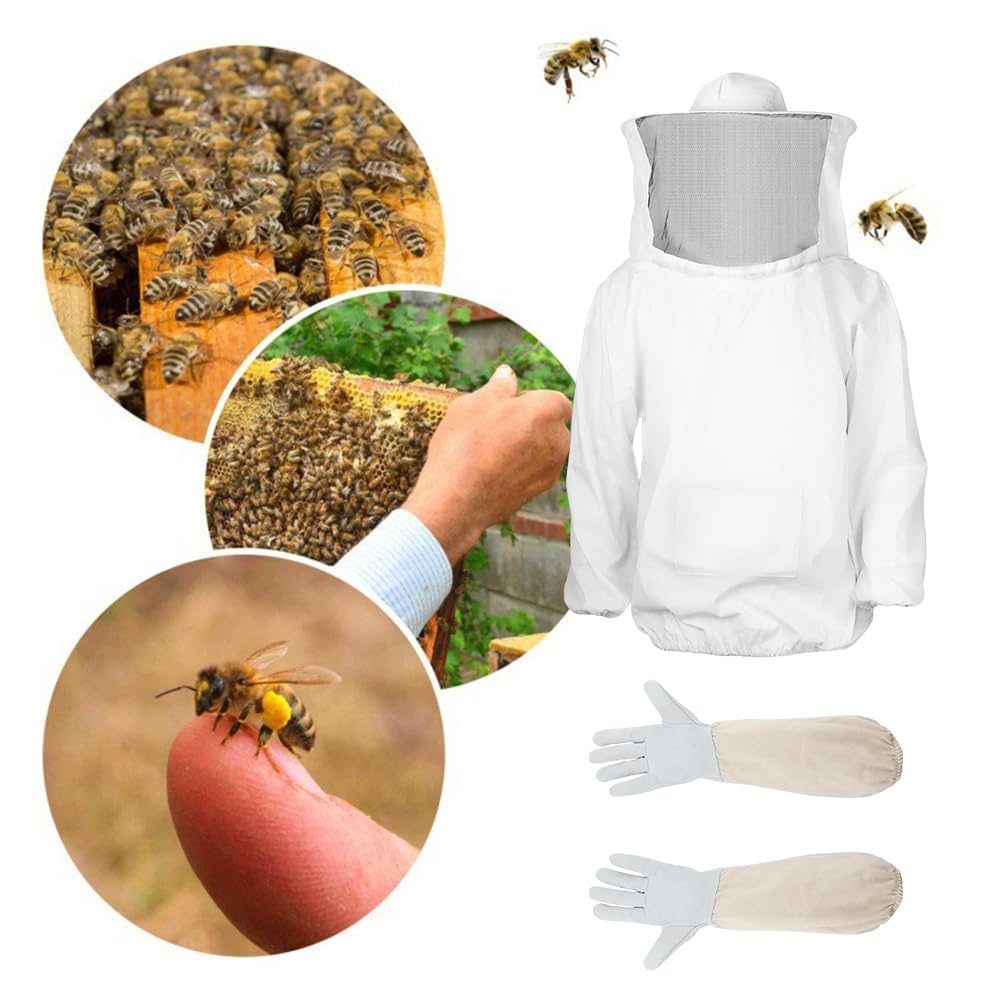 Costume D'apiculture Professionnelle avec Gants, Combinaison D'apiculteur, Gants D'apiculture en Peau de Chèvre, Combinaison Apicole, Gants Protégés pour Apiculteur, Vêtements à Capuchon Avec Voile