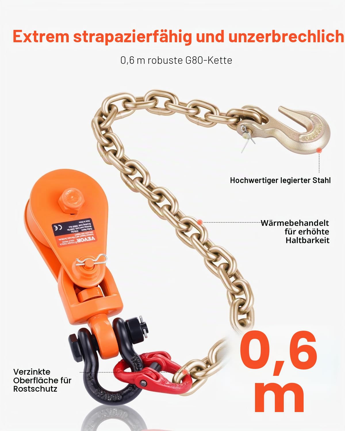 VEVOR 2-Tonnen-Umlenkrolle mit G80-Kette, drehbarem Schäkel, 74 mm Scheibe für 3/8-Zoll-Drahtseil, Forstseilwinde für Abschlepp-& Bergungsanwendungen auf Pritschenwagen, Rollback-Abschleppwagen