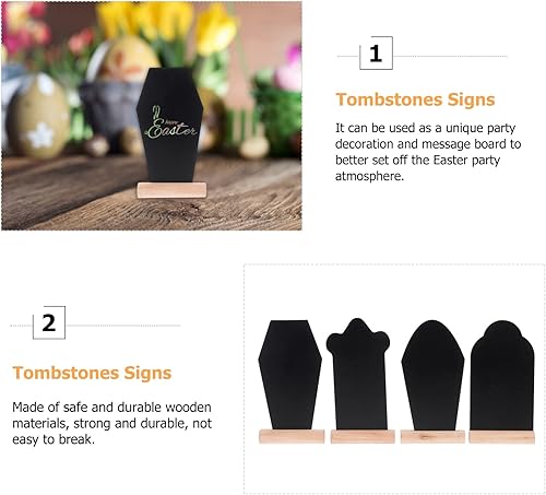 Miniatura 2 de Amosfun Decoración de boda, 4 unidades, tablero de ataúd, mini lápida, pizarras de Pascua, número de mesa, letreros de escritorio, etiqueta de