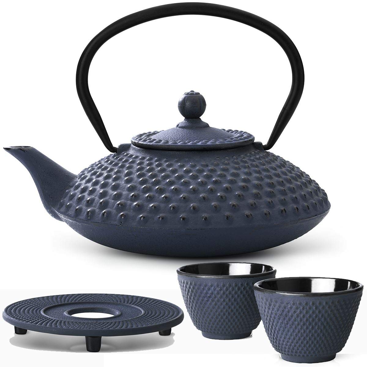 Bredemeijer Teekanne asiatisch Gusseisen Set blau 1.25 Liter mit Edelstahl Tee-Filter Sieb-Einsatz für losen Tee mit Stövchen und Teebecher (2 Tassen)