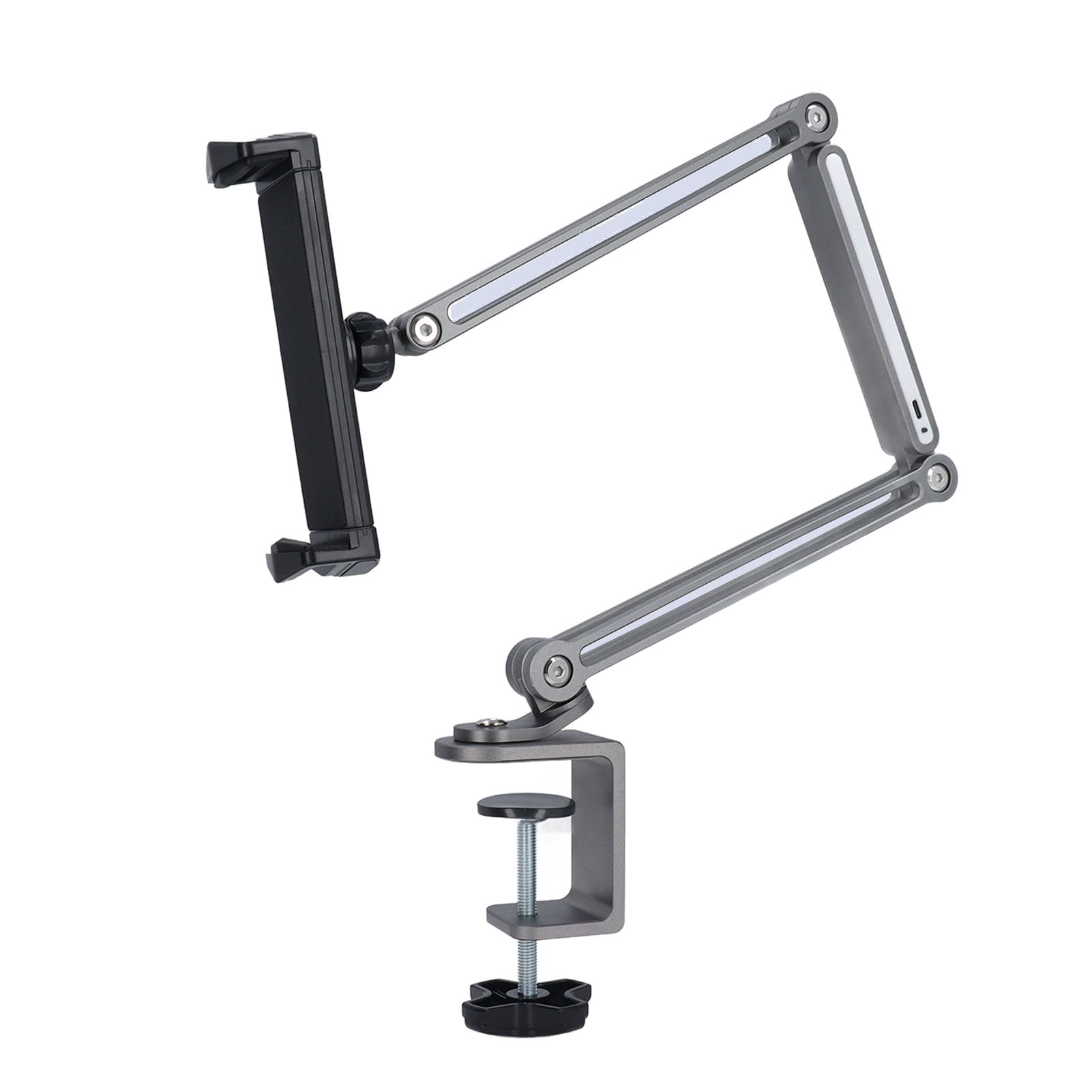Jiawu Supporto per Telefono da Tavolo con Braccio Lungo con Luce LED, Supporto Regolabile per Telefono da Letto in Metallo con Rotazione di 360 Gradi, Portatile Pieghevole con Morsetto per Tablet,