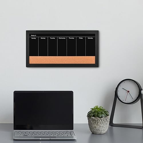 Miniatura 5 de Calendario semanal magnético y tablero de corcho, pizarra combinada de madera negra con marco de tiza y boletín para paredes, pizarra combinada para