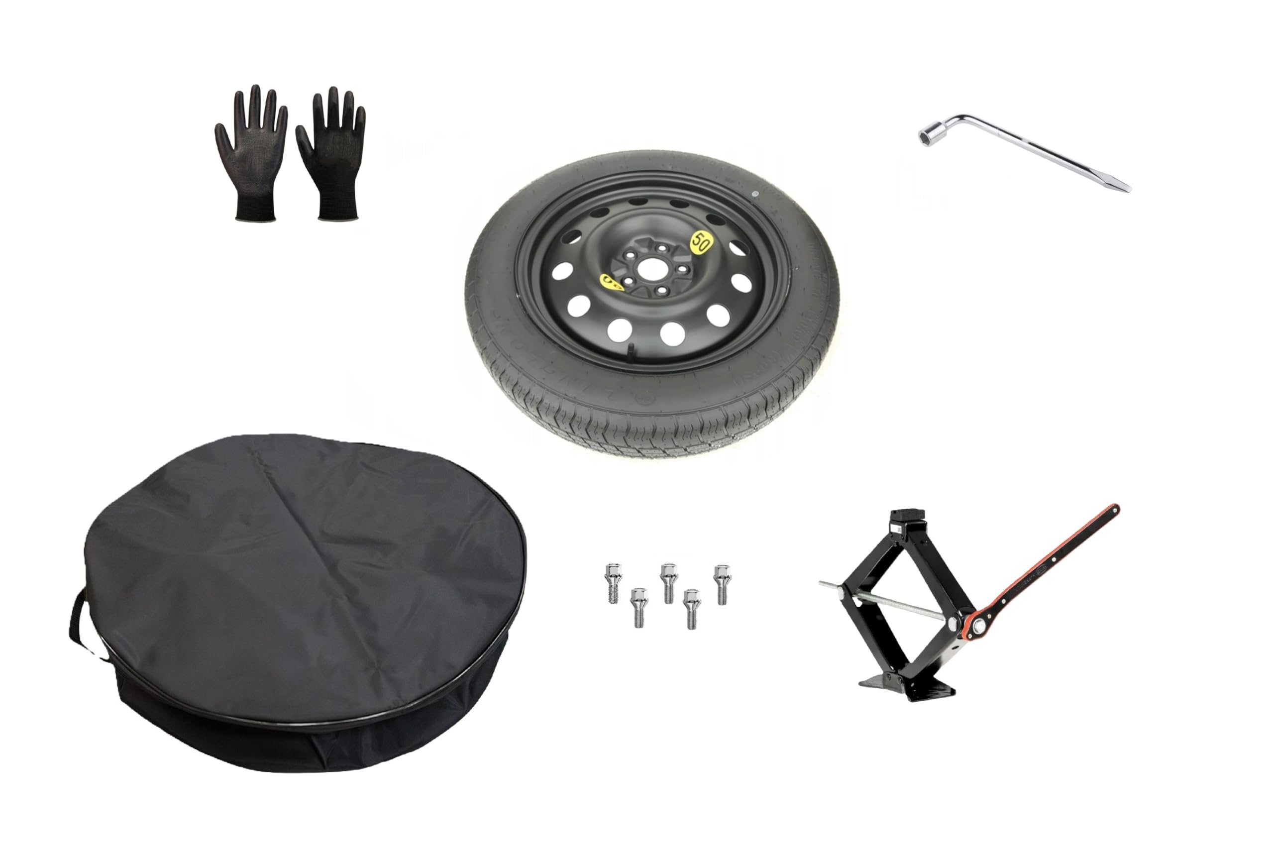 Kit de rueda de repuesto de 19 pulgadas, compatible con Peugeot 3008 Mild Hybrid gasolina (2024>) con gato, llave, pernos, guantes y bolsa, 145/80R19