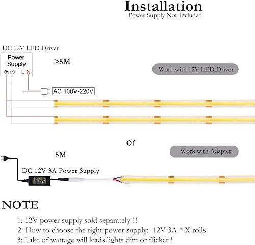 Miniatura 7 de JOYLIT Tira de luces LED COB de 12 V, 20 pies19.7 ft, IP65, impermeable, 3000 K, blanco cálido, 320 LEDsM CRI 90+, cinta adhesiva uniforme