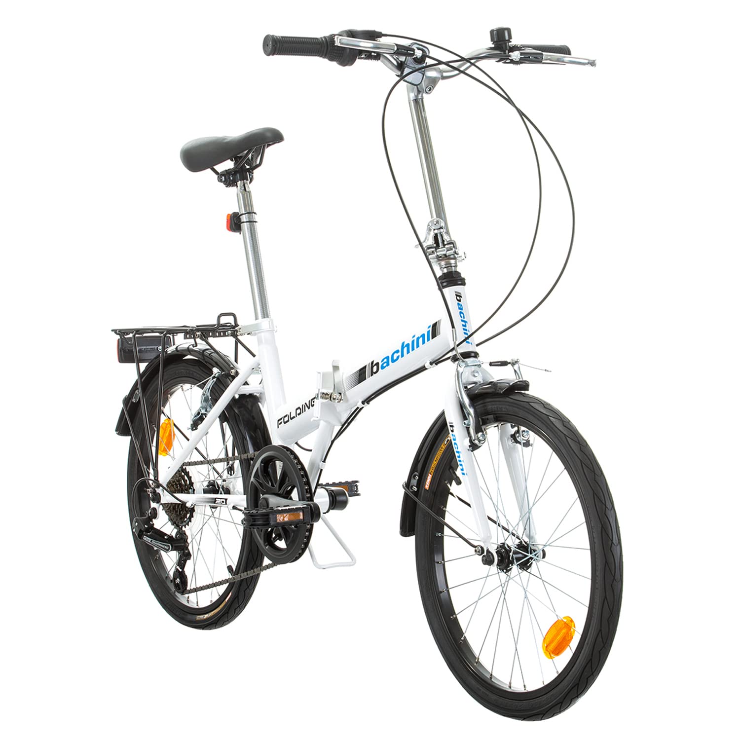 Multibrand Bachini Folding Vélo Pliant Classique 20 Pouces, 6 Vitesses, Frein V-Brake, Garde-Boue, Sonnette, pour Adultes et Adolescents, Convient pour 155–185 cm (Blanc avec Bleu et Noir)