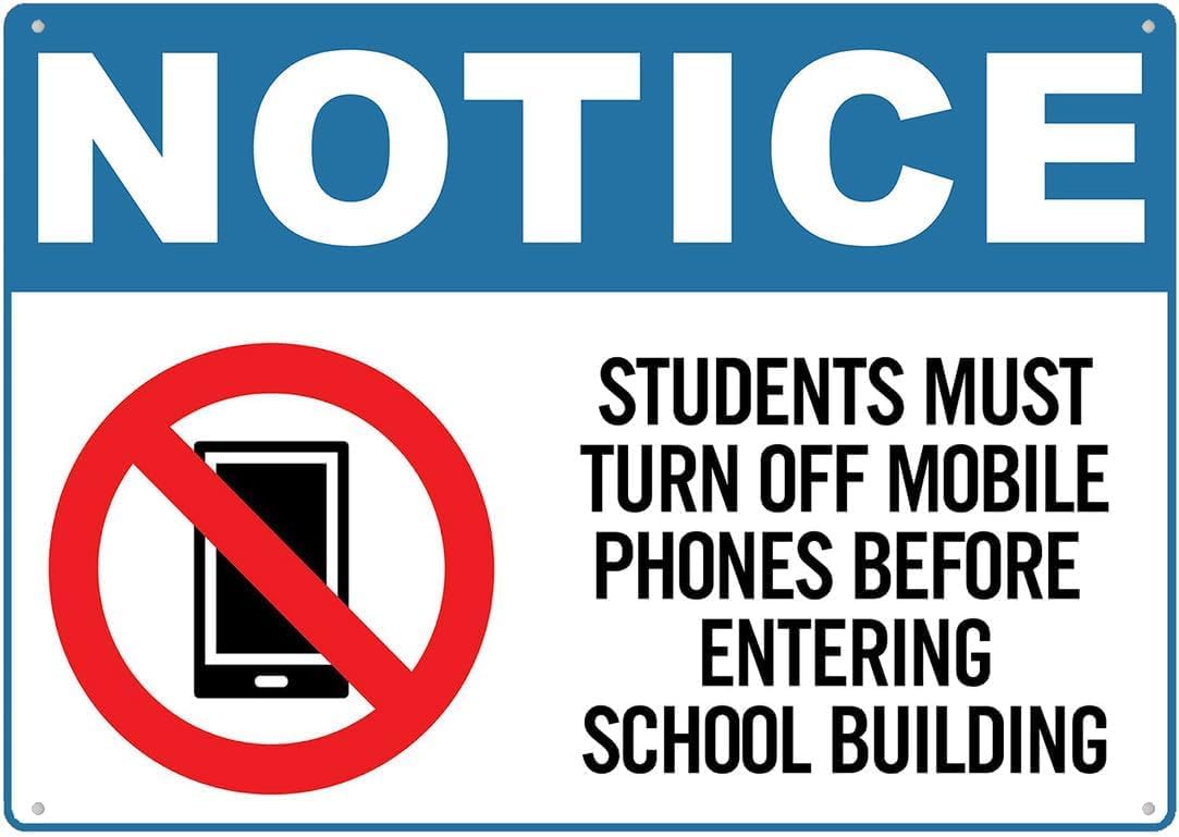 Students Must Turn Off Mobile Before Entering School Rust Free Aluminum Tin Sign - Warning Decor with Pre-Drilled Holes for Indoor-Outdoor School, Classroom - 8x12 Inch​