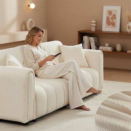 Miniatura 4 de Sofás de nube modernos de mediados de siglo de 91.5 pulgadas, cómodo sofá boucle con brazos enrollados y almohadas suaves, sofá biplaza tapizado de