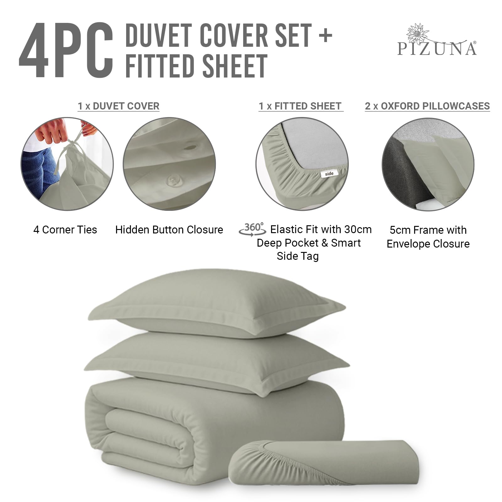 Pizuna Pure Combed Cotton Double Bedding Set, 600 Thread Count 100% Long Staple Cotton - Image 3