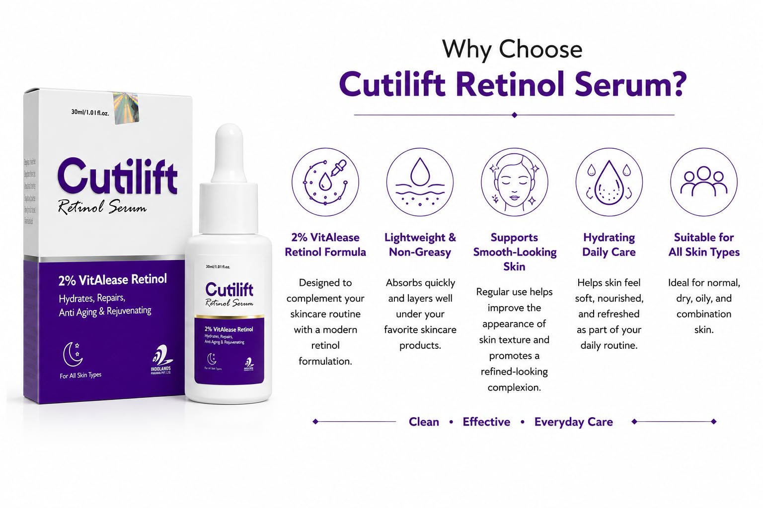 Cutilift Retinol Serum 30ml | 2% VitAlease Retinol Face Serum for Hydration & Skin Renewal | Lightweight Anti-Aging Serum for Fine Lines, Uneven Texture & All Skin Types 1