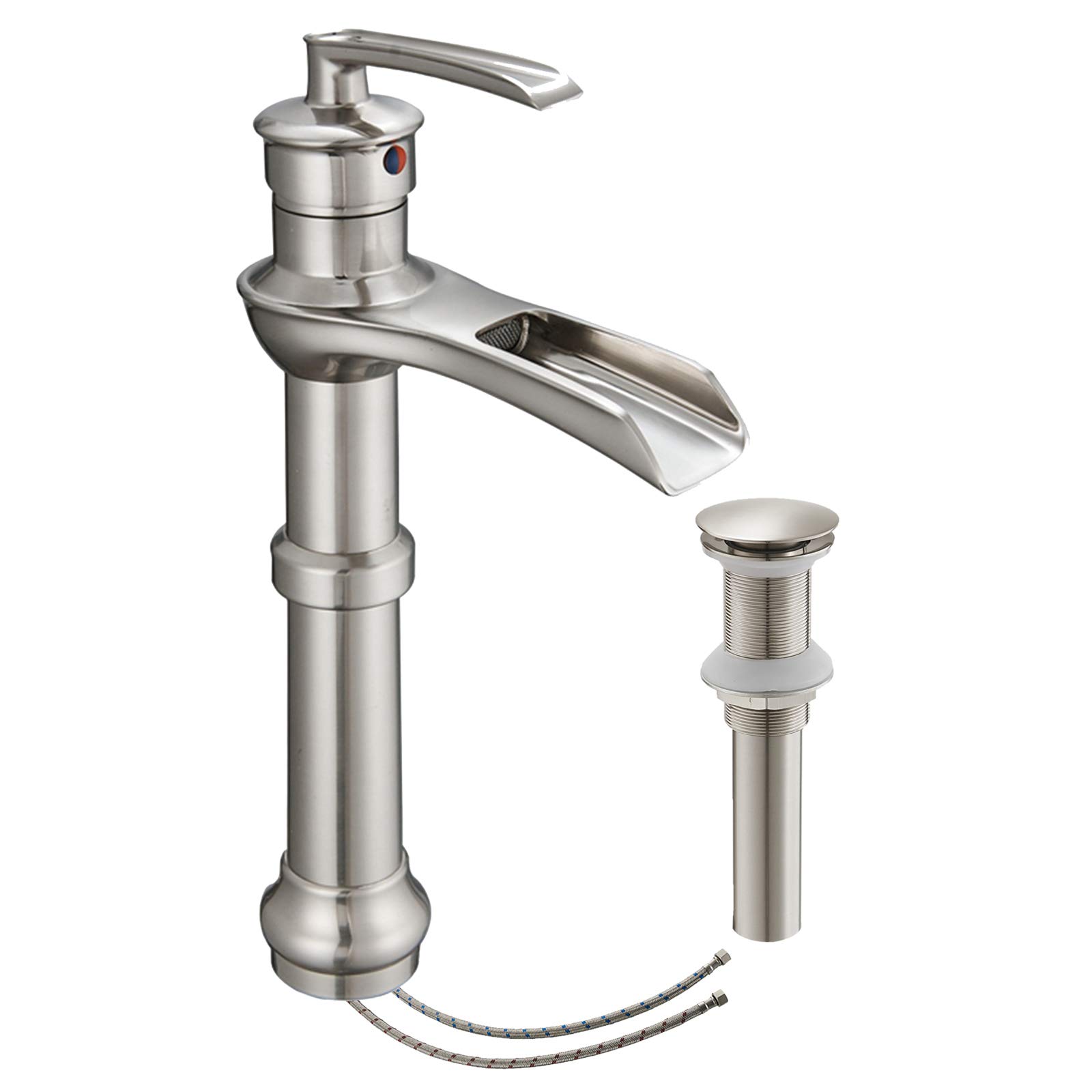 Homevacious Grifo De Baño De Níquel Cepillado Con Cascada De Bronce Aceitado Con Una Sola Manija Grifo De Lavabo De Un Solo Orificio Con Línea De Suministro, Drenaje Desplegable Con Desbordamiento