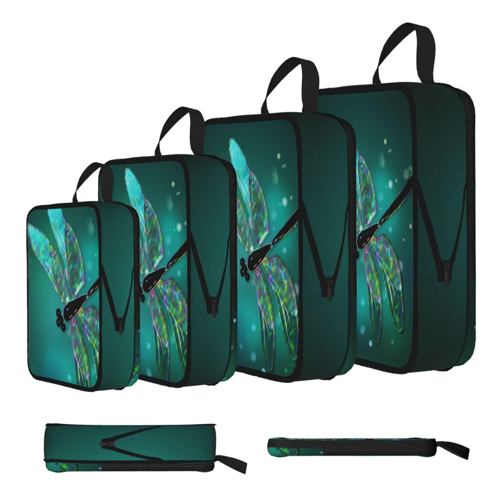 Esnaiuvcd Black Galaxy Animal Dragonfly Print 4 Set Compression Packing Cubes For Suitcases,Expandable Storage Bags Organizers