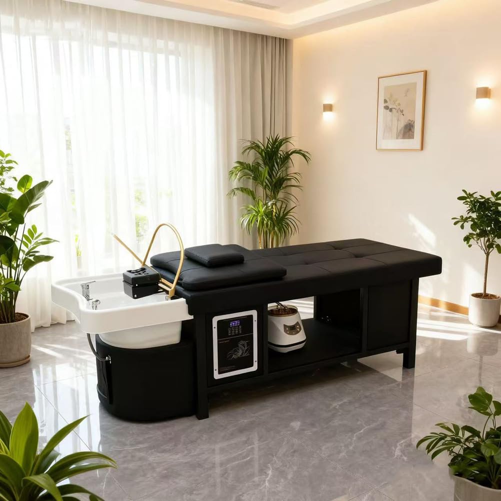 Stolik do szamponu z obiegiem wody i terapią światłem | Sprzęt spa do masażu głowy, stół do fumigacji, salon piękności