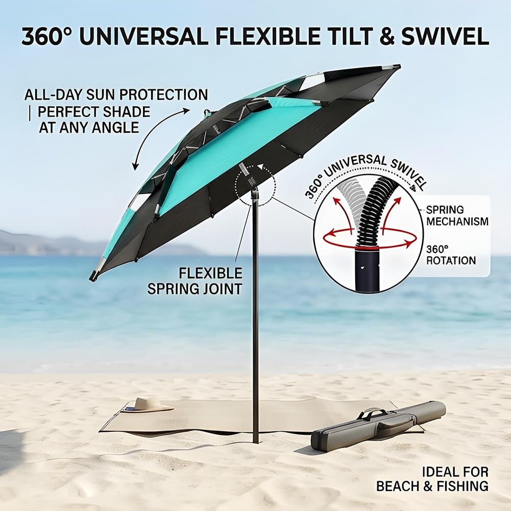 Genérico Sombrilla Playa Antiviento 2/2.2/2.40m Paraguas Playa Plegable con Bolsa de Transporte, Parasol de Jardín Reclinable Portátil Sombrilla Protección Solar para Terraza Piscina(Cian,2.20m)