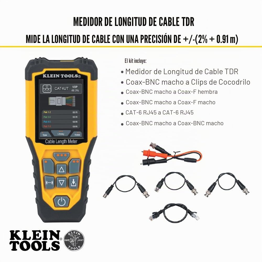 Klein Tools 501-915 | Medidor TDR de longitud de cables | Mide hasta ~914 m | Detecta fallos abiertos o en corto | Generador de tono integrado | Pantalla LCD retroiluminada