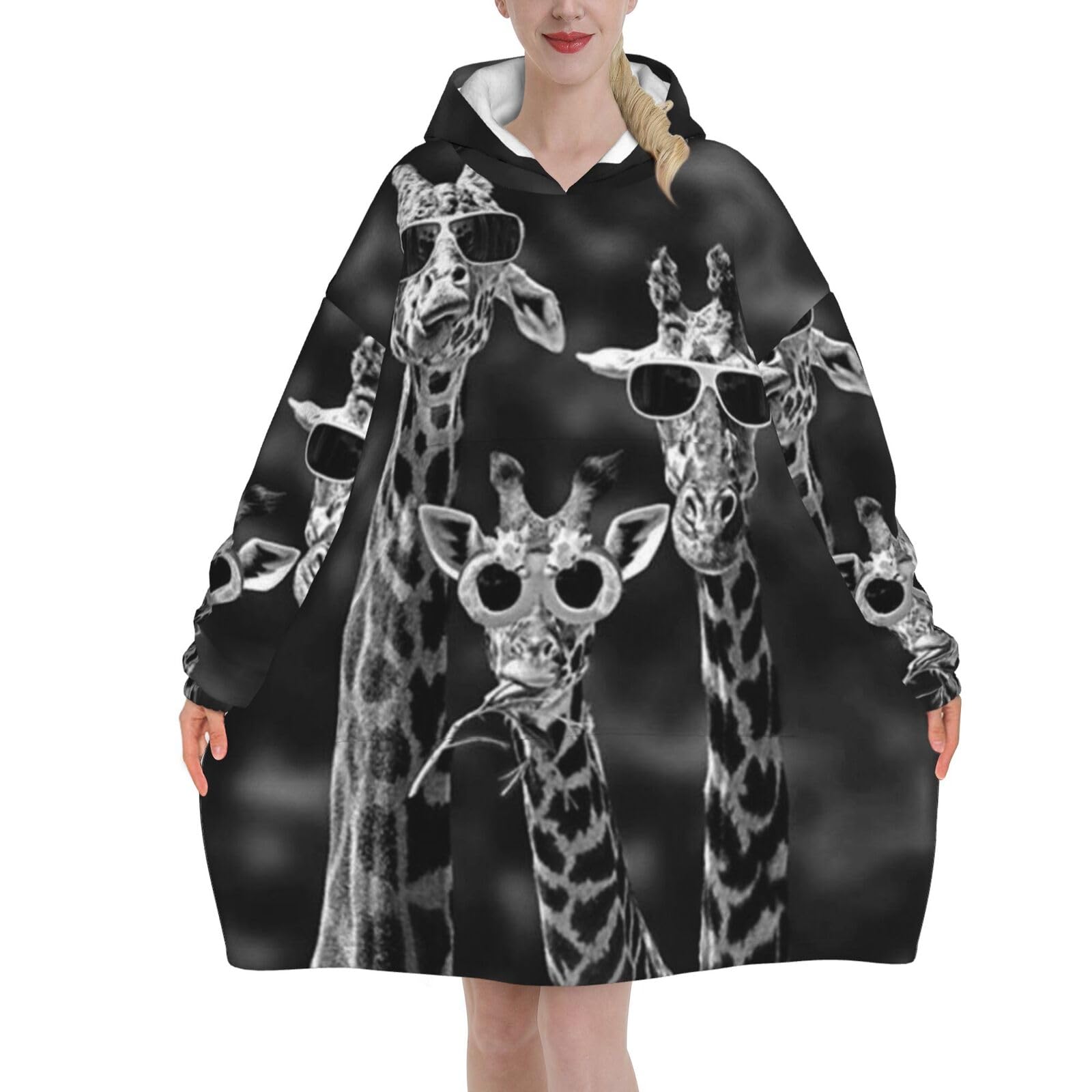 Jmorco Three Giraffe Oversized Wearable Hooded Blanket Sweatshirt - Warm Throw Blanket For Women, Men & Teens - 280g Flannel