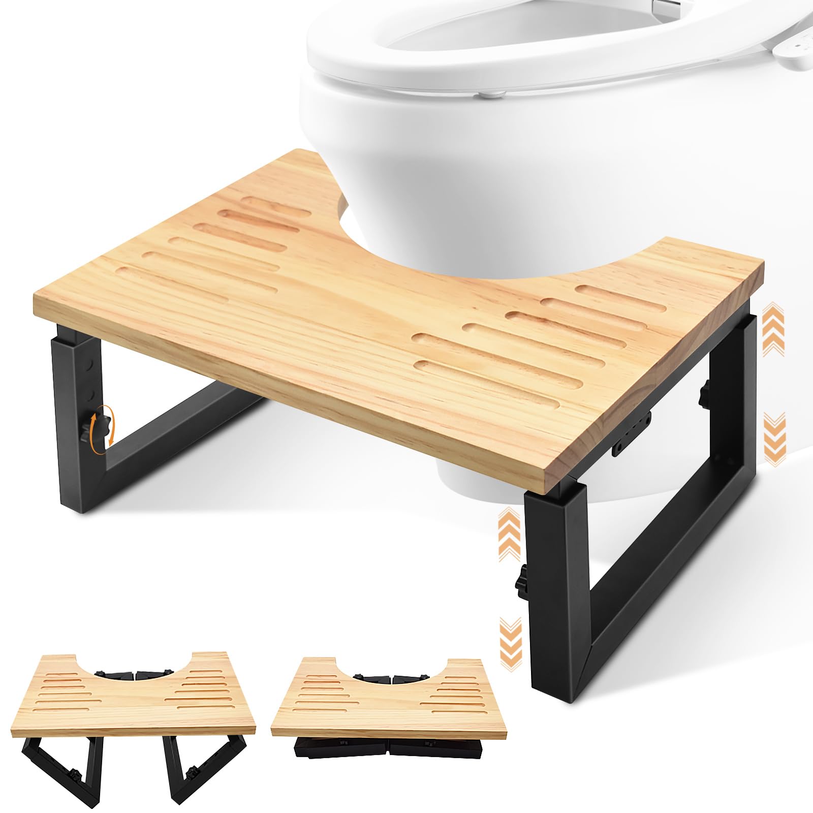 Wooden Folding Toilet Stool, Height Adjustable Bathroom Stool with Metal Stand, Folding Step Toilet with Non-Slip Pad, Against Constipation