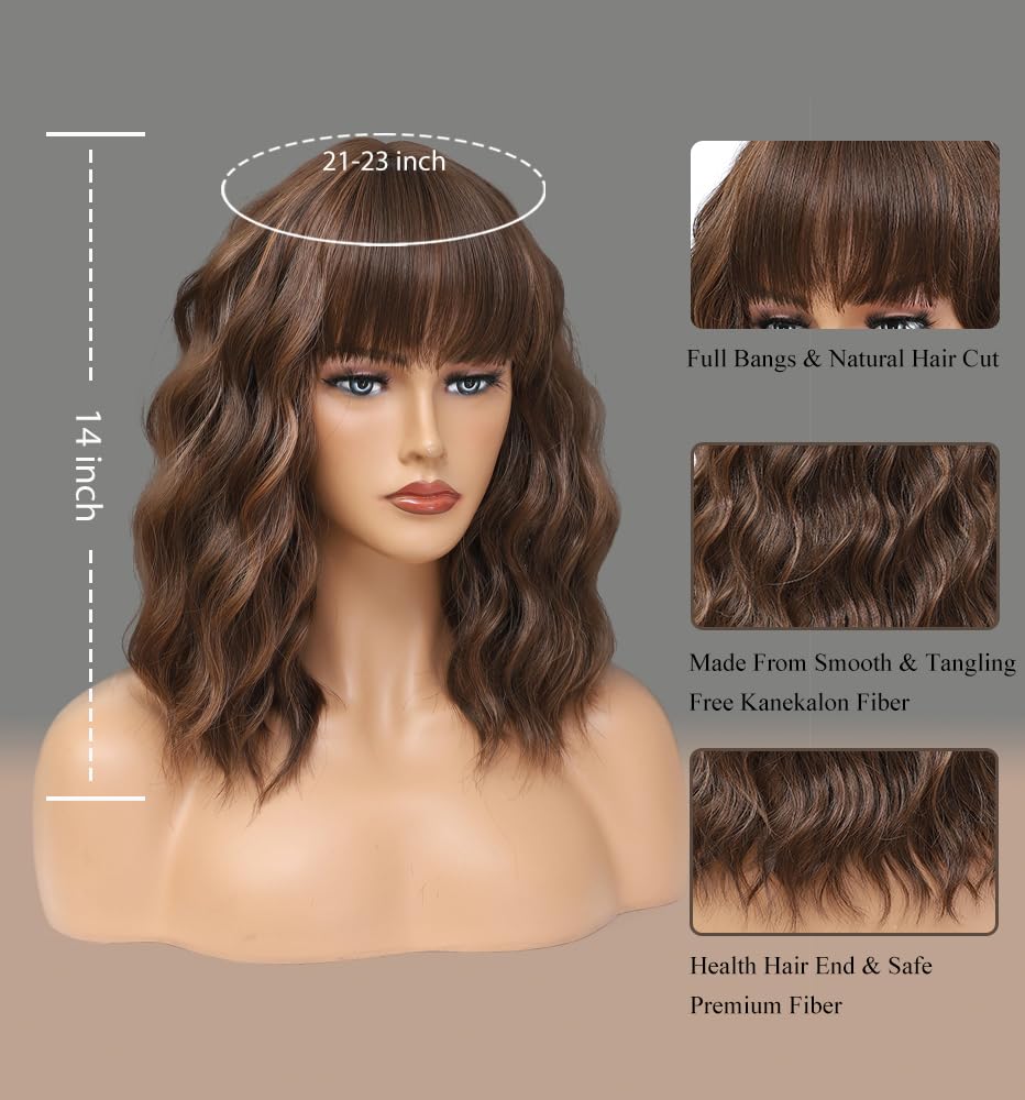 WAVE&BREEZE Short Brown Highlight Blonde Wigs with Bangs 14Inch Blonde Curly Bob Wig for Women Shoulder Length Natural Looking Hair Replacement Wig for Daily Party Use Cosplay Costume Halloween Wig