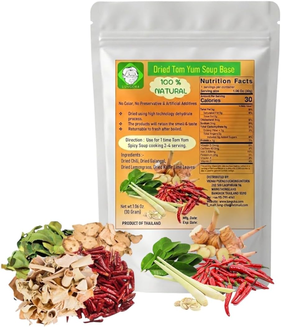 Tom Yum Set for 1 Time Cooking in Hot Spicy Soup 2-4 Serving 30 Gram Of Dried Chili, Dried Galangal, Dried Lemongrass, Dried Kaaffir Lime Leave
