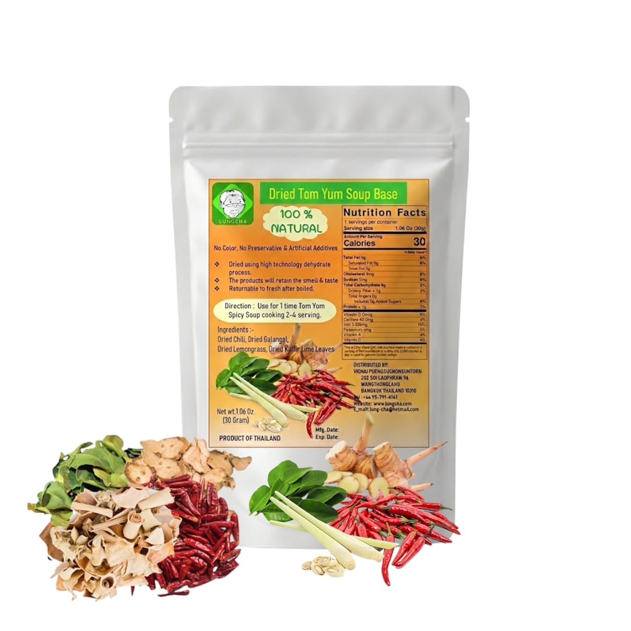 Tom Yum Set for 1 Time Cooking in Hot Spicy Soup 2-4 Serving 30 Gram Of Dried Chili, Dried Galangal, Dried Lemongrass, Dried Kaaffir Lime Leave