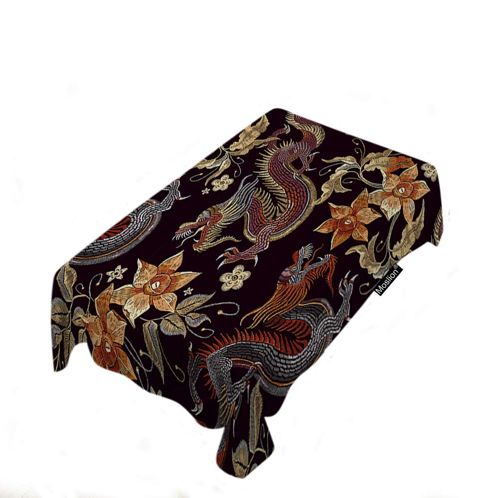 Dragons Tablecloth Vintage Flowers Cool Animals Eastern Culture Classic Art Ethnic Rectangle Tablecloth Picnic Tablecloth BBQ Table Cloths Polyester for Kitchen 52x70 Inch