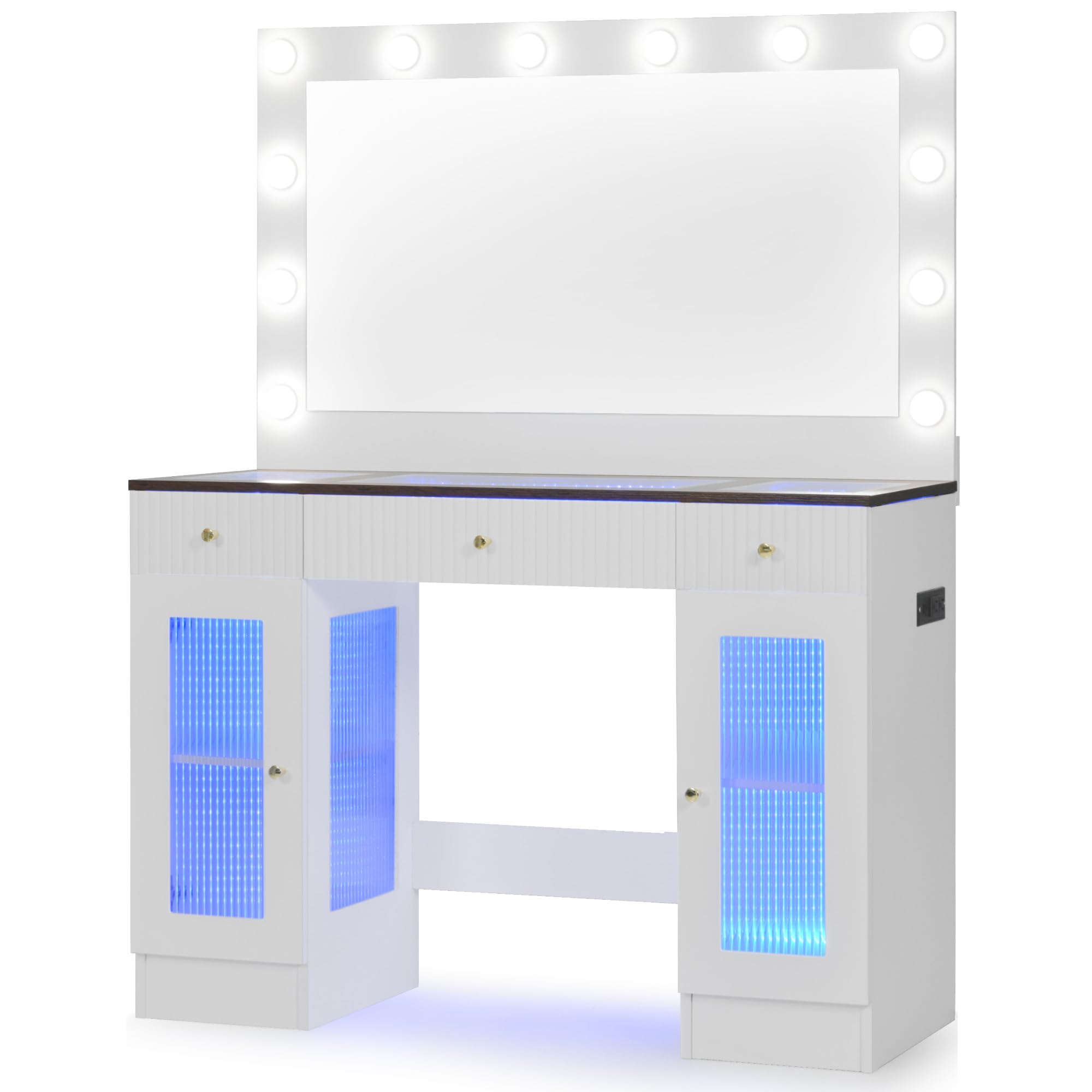 43.3" Vanity Desk with Mirror and Lights - White Makeup Vanity with Glass Top RGB Cabinets Power Outlet 3 Drawers 2 Glass Cabinets 3 Light Modes Adjustable Brightness Dressing Table with Bulbs