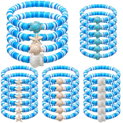 Huquary 24 Pcs Under the Sea Party Favors Ocean Polymer Clay Beaded Bracelets Bulk Shell Turtle Starfish Ankle Bracelets for Under the Sea Themed Birthday Summer Beach Party Supplies