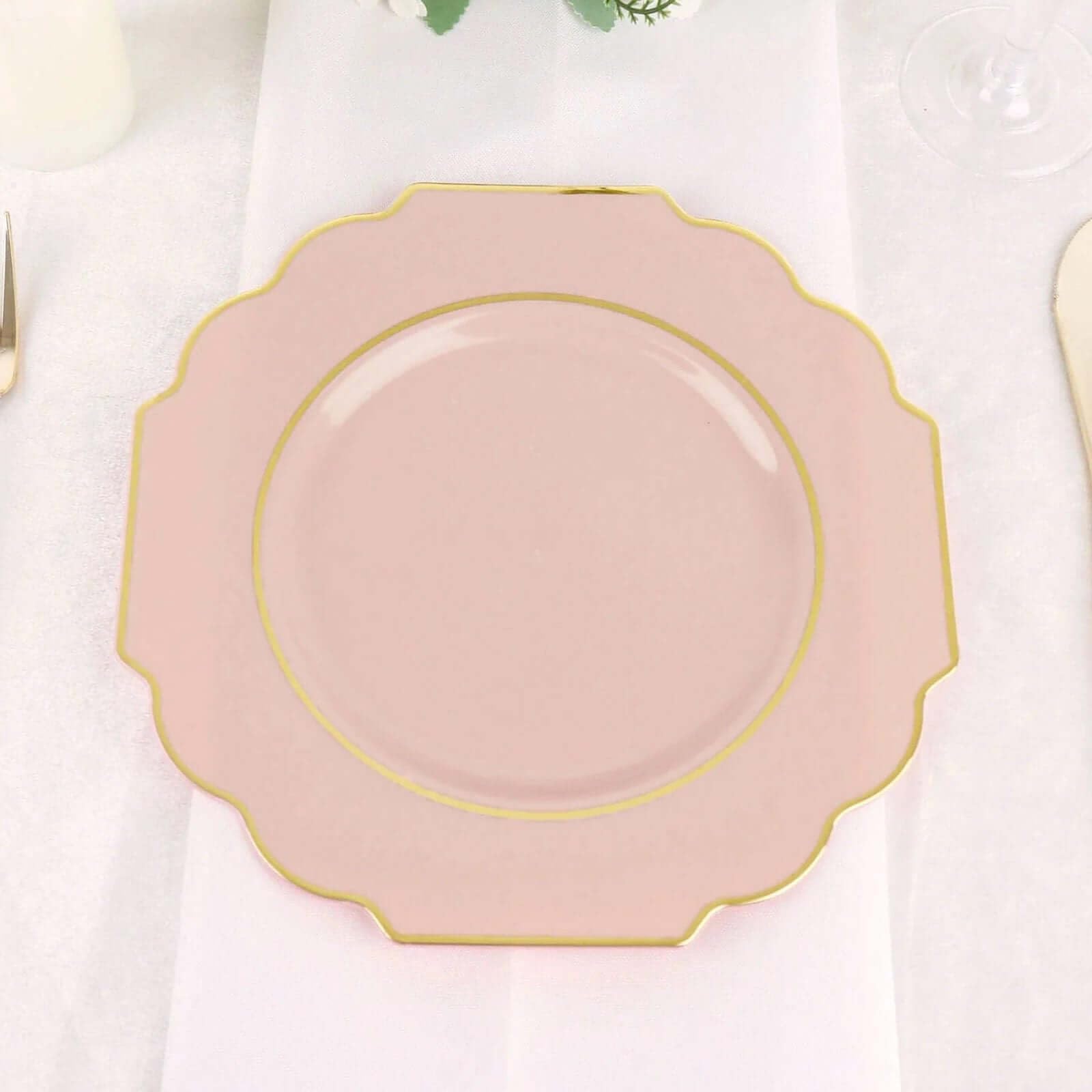 Efavormart 10 Pack | 8" Blush/Rose Gold Hard Plastic Dessert Appetizer Plates, Disposable Tableware, Baroque Heavy Duty Salad Plates with Gold Rim