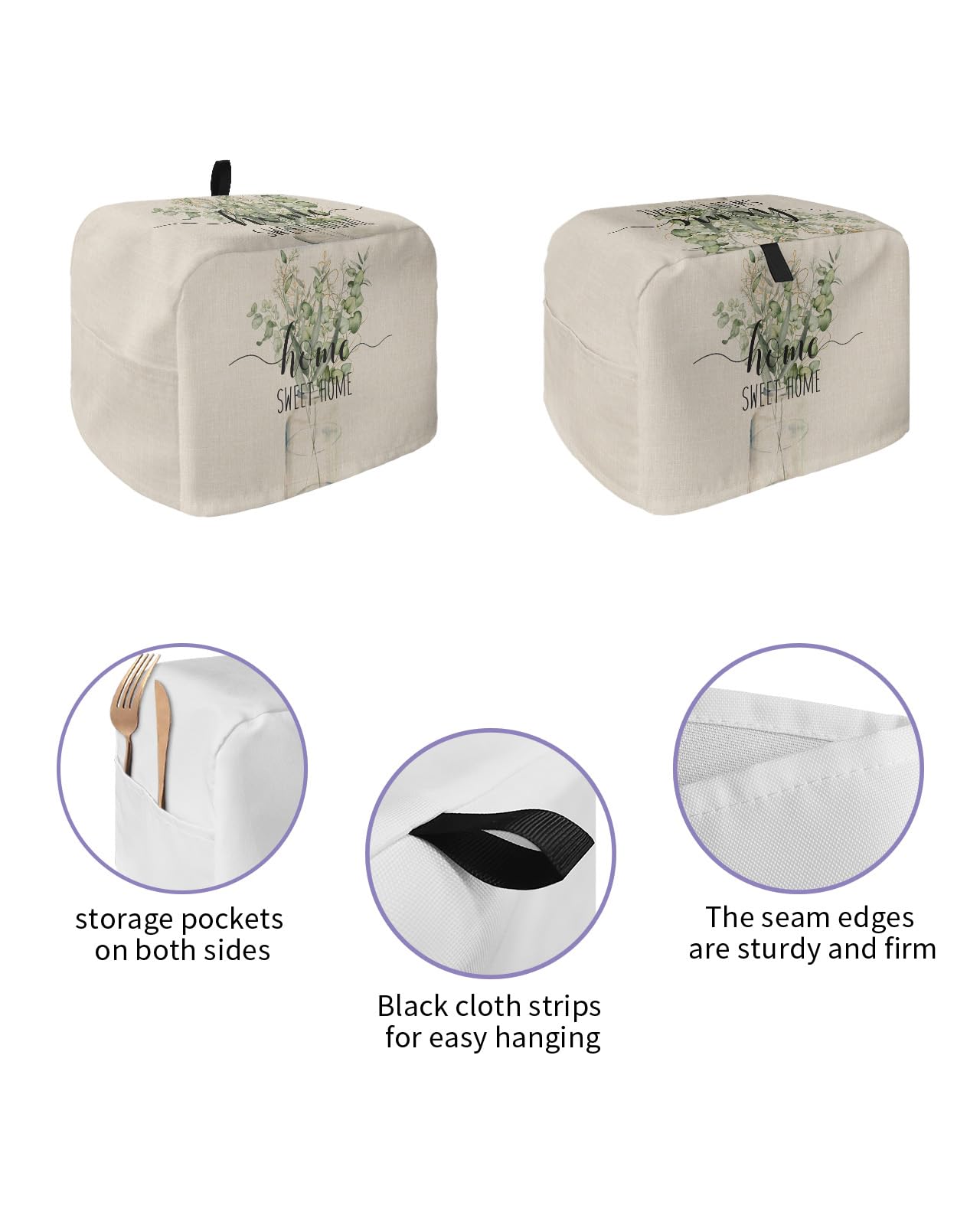 LaBLUUX Toaster Dust Cover with Pockets, Rustic Spring Sweet Home Green Eucalyptus Leaves Beige Soft Washable 2 Slice Toaster Cover, Dust-proof, Stain-proof, Water Repellent, Polyester