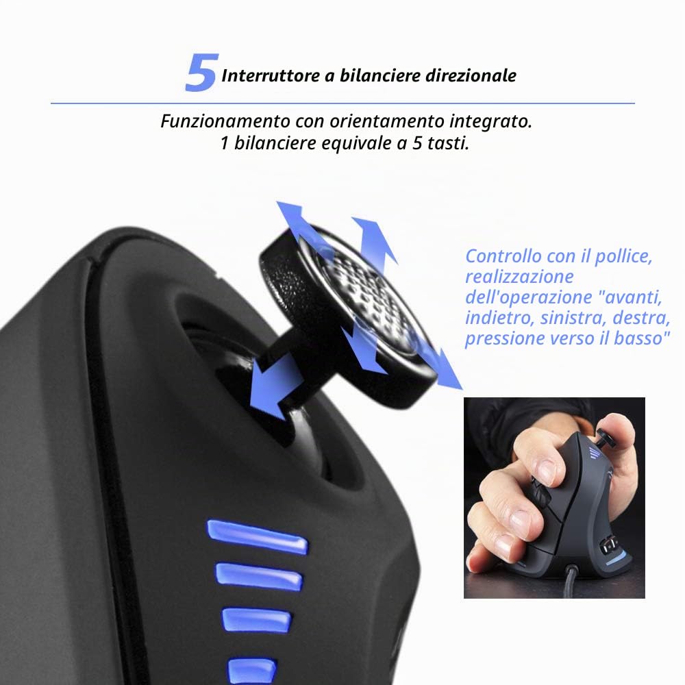 Zeerkeer Mouse Verticale 10000 DPI con Joystick Ergonomico,11 Tasti Programmabili Pollice,Mano,Polso,Bracciolo Prevenzione LED Ottico per Gamer/Laptop/Computer