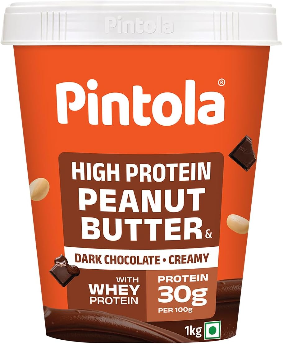 PINTOLA High Protein Peanut Butter Chocolate Flavour Creamy 1kg, Added WHEY Protein, 30g Protein 6.2g Fiber, Gluten Free, Zero Trans Fat, Dark Chocolate Peanut Butter Spread, Nut Butter Bread Snacks