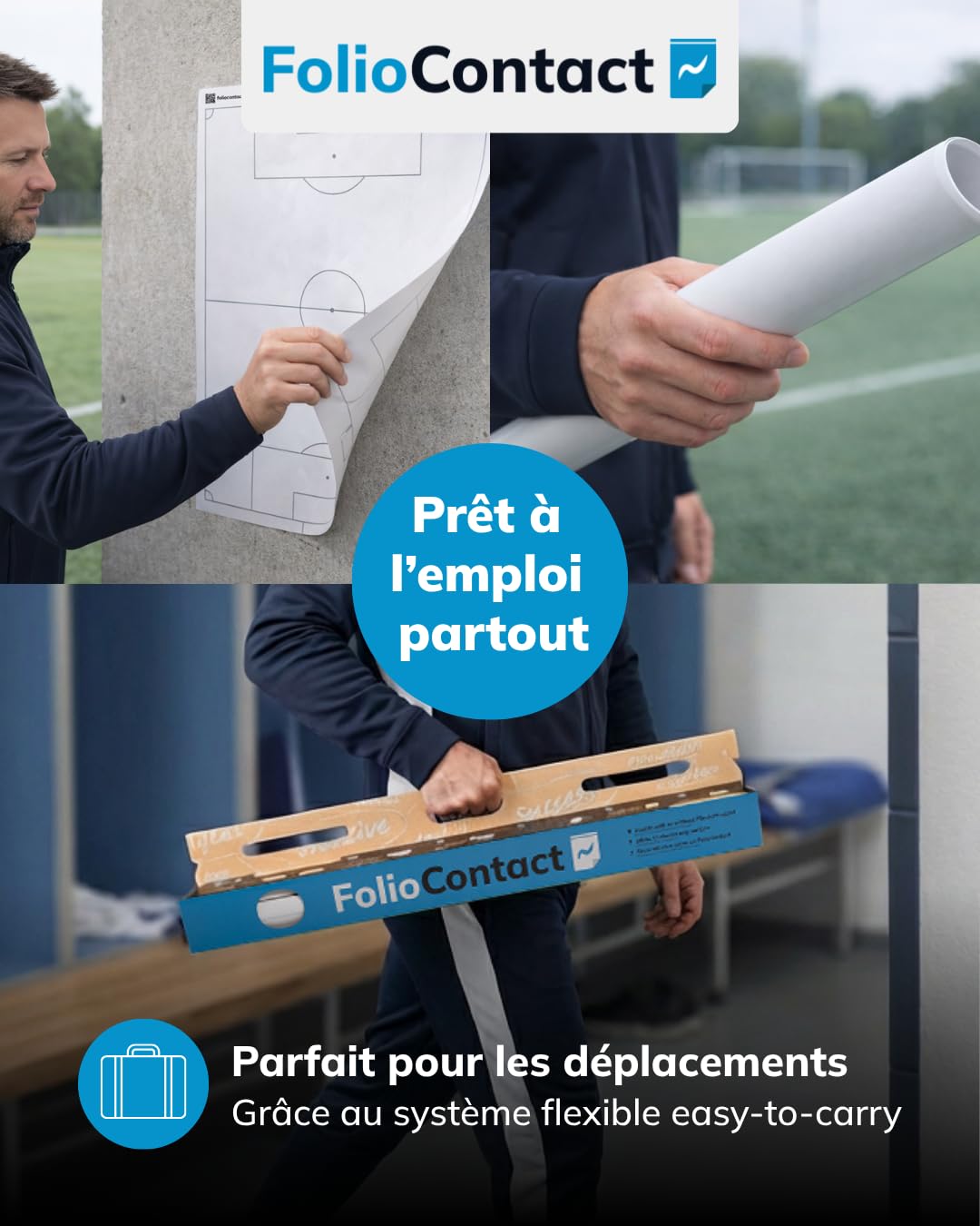 FolioContact - Tableau tactique de football - 60 x 80 cm - Film tactique statique auto-adhésif avec 25 feuilles et 2 marqueurs pour tableau - Effaçable et réinscriptible - Alternative au tableau