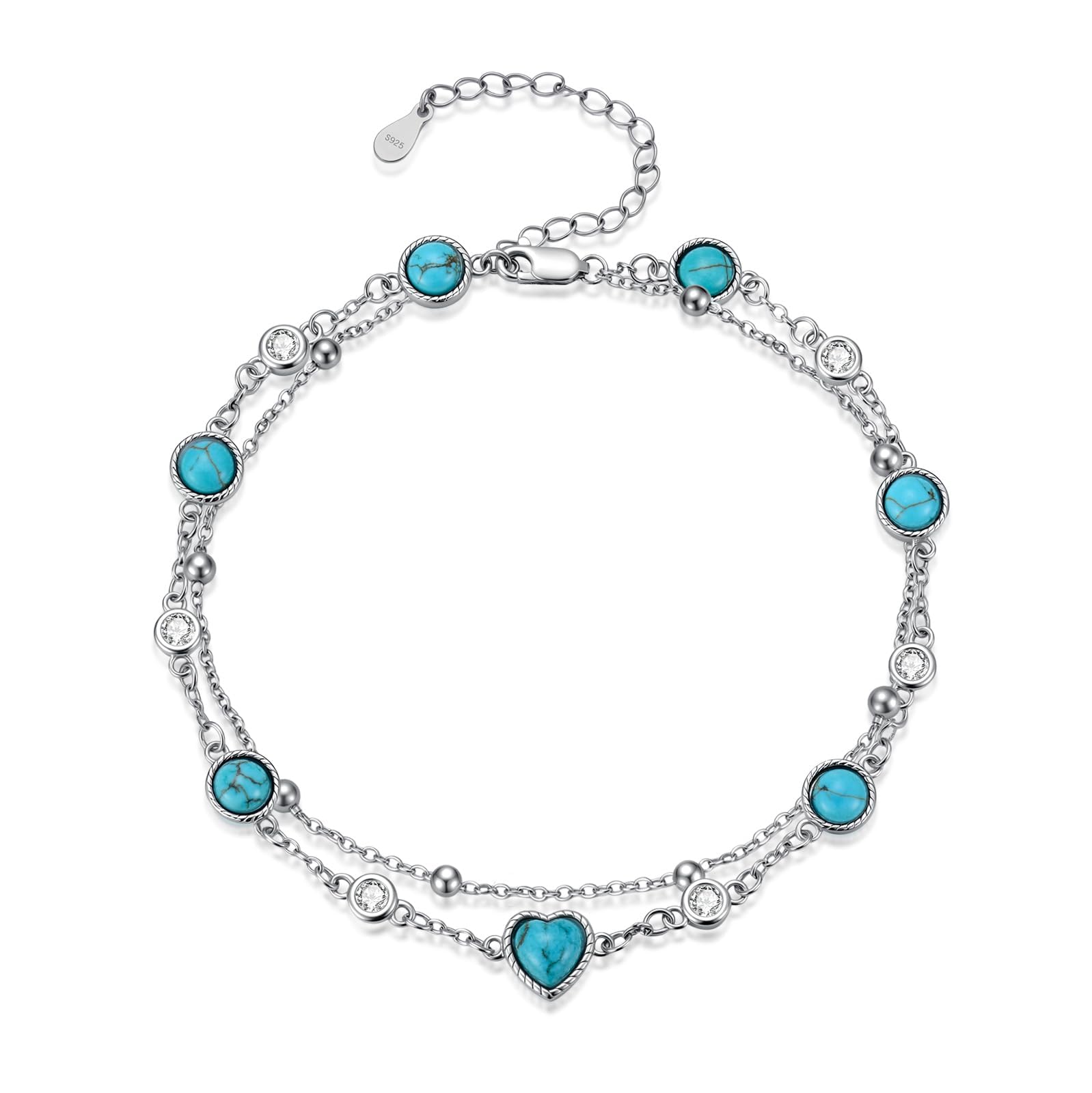 Cavigliera in turchese naturale, argento sterling 925, vera gemma turchese, regolabile e multistrato