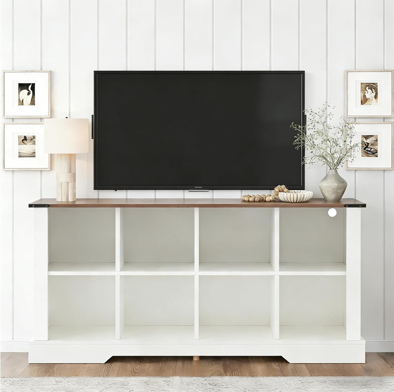 8 Cube Bookcase, Wooden Cube Storage Organizer Shelf, White Horizontal Book Shelf with LED Lights, Freestanding Display Cabinet for Living Room, Bedroom, Home Office