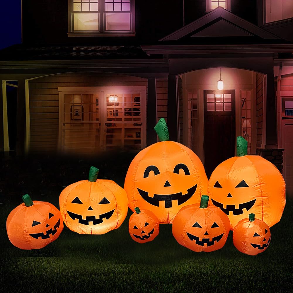 TAPIT 7 FT Long Halloween Inflatables Pumpkin Outdoor Decorations, 7 Pcs Blow up Pumpkins Outside Decoration with Built-in LED Light, Halloween Yard Decorations for Lawn Garden Outside Indoor (A)