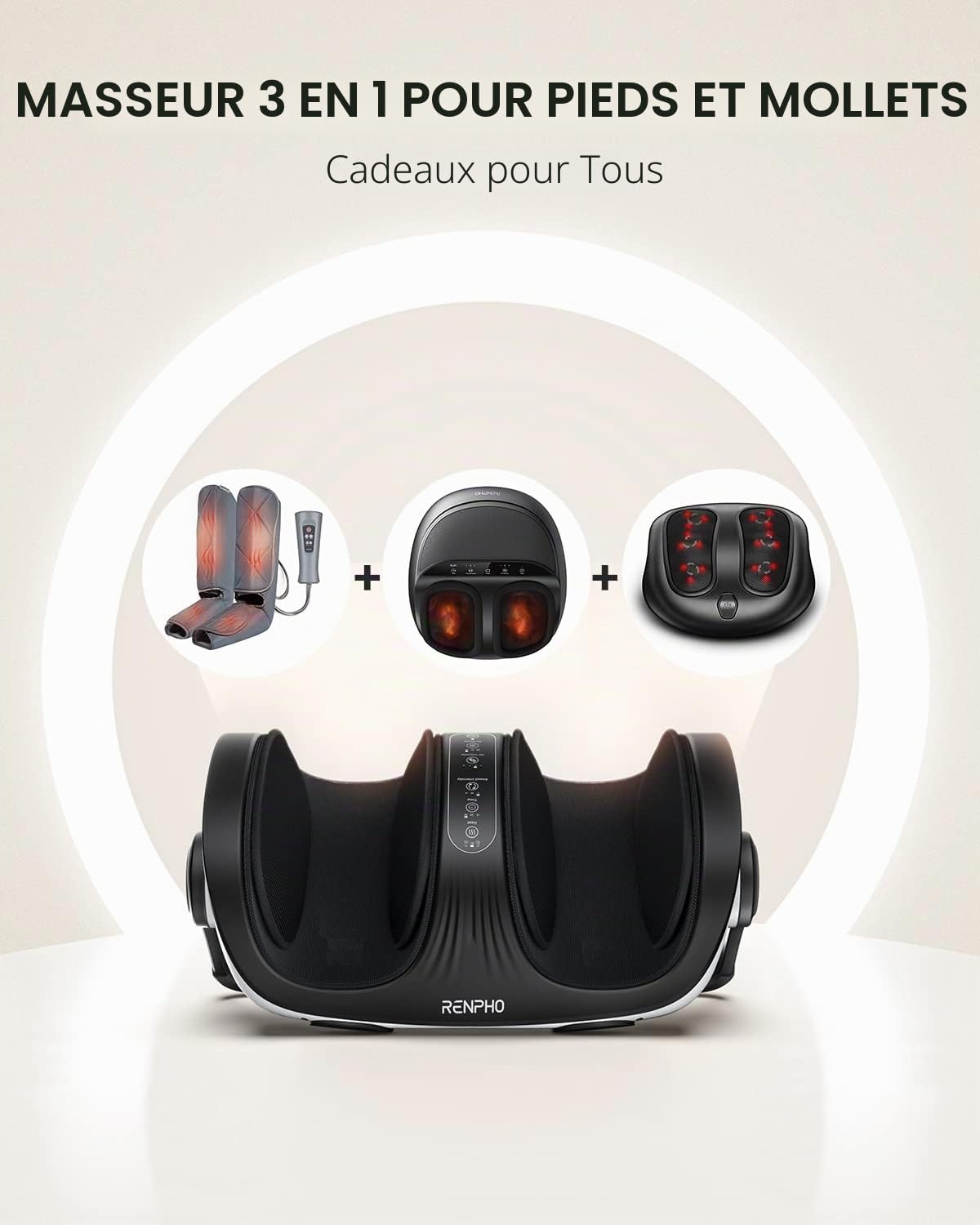 RENPHO Masseur de Pieds Shiatsu, Masseur de Jambes Avec Télécommand, Masseur de Mollets, Chambre Pour Pieds 19,5 cm in Large, Petrissage, Roulement, Compression, Chauffage