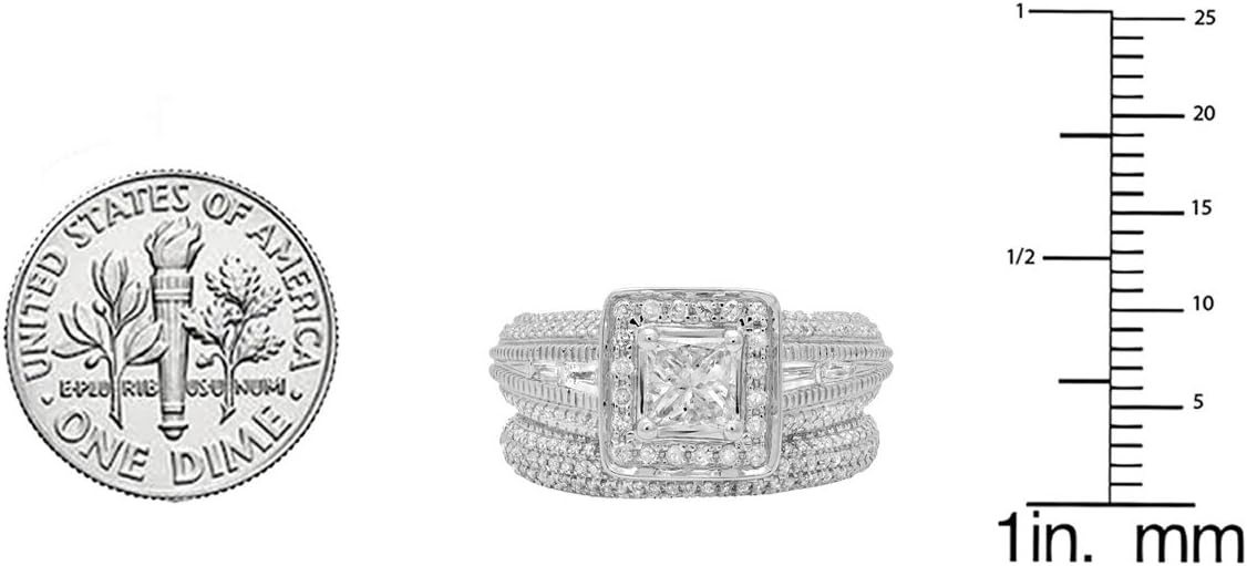 Dazzlingrock Collection 2.30 Cttw 14k Princess & Round Diamond Womens Halo Bridal Engagement Ring Set 2 1/, Solid White Gold