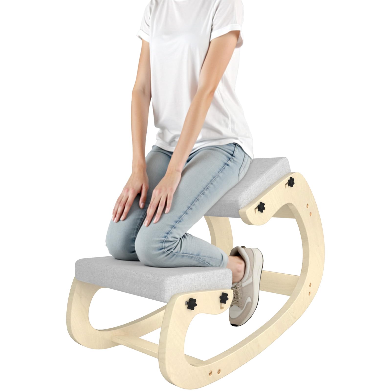 Ergonomischer Kniestuhl mit Schaukelbasis aus Holz – Höhenverstellbarer Haltungstrainer mit dickem Sitzkissen und weicher Knierolle, ideal fürs Homeoffice & gegen Rückenschmerzen