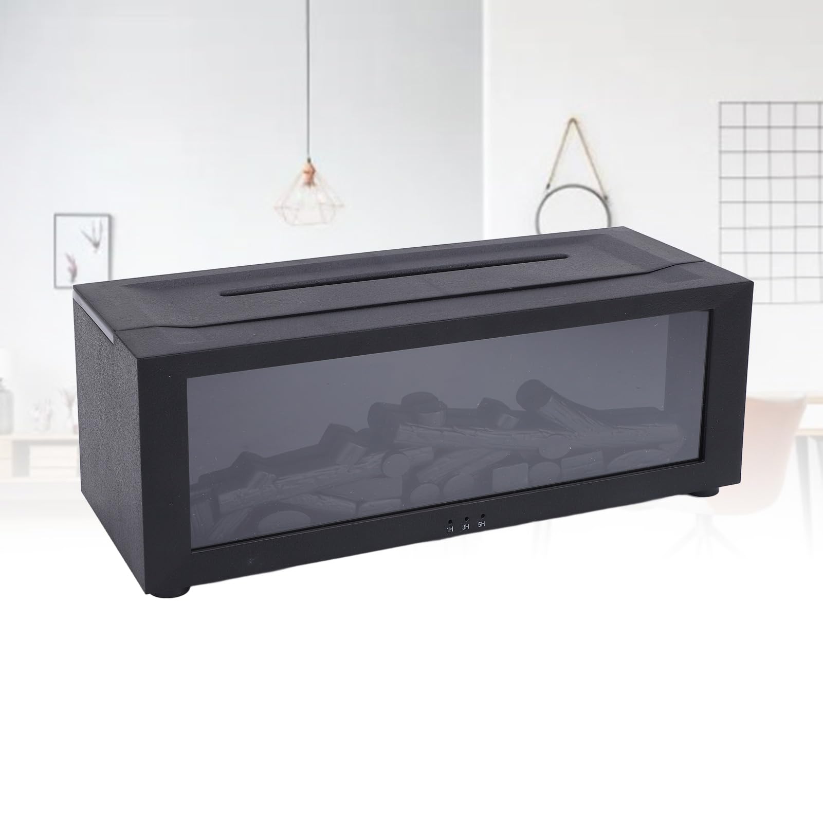 Umidificatore per camino a fiamma 3D Timer da tavolo Simulazione camera da letto silenziosa Diffusore di aromaterapia Luce ambientale per la casa (Nera)