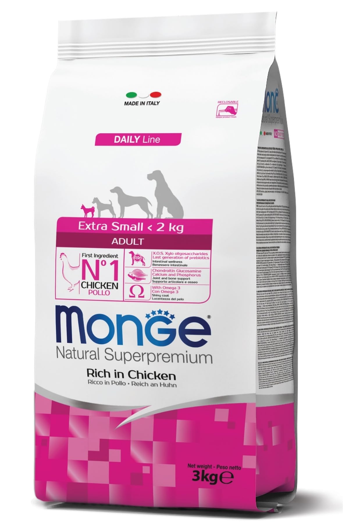 Monge Natural Superpremium ADULT RICH IN CHICKEN, karma dla psów wszystkich ras (sucha karma dla psów o wadze poniżej 2 kg, z kurczakiem, bardzo bogaty w błonnik i witaminy, 3 kg)