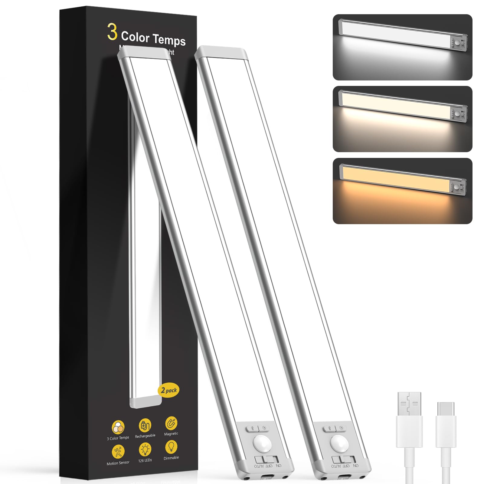 Bilonly Under Cabinet Kitchen Lights Rechargeable 2200mAh, Motion Sensor LED Cupboard Lights, 3 Colour Temperatures & 5 Brightness Levels, Magnetic Wireless Under Counter Lights, 37.5 cm, 2 Pack