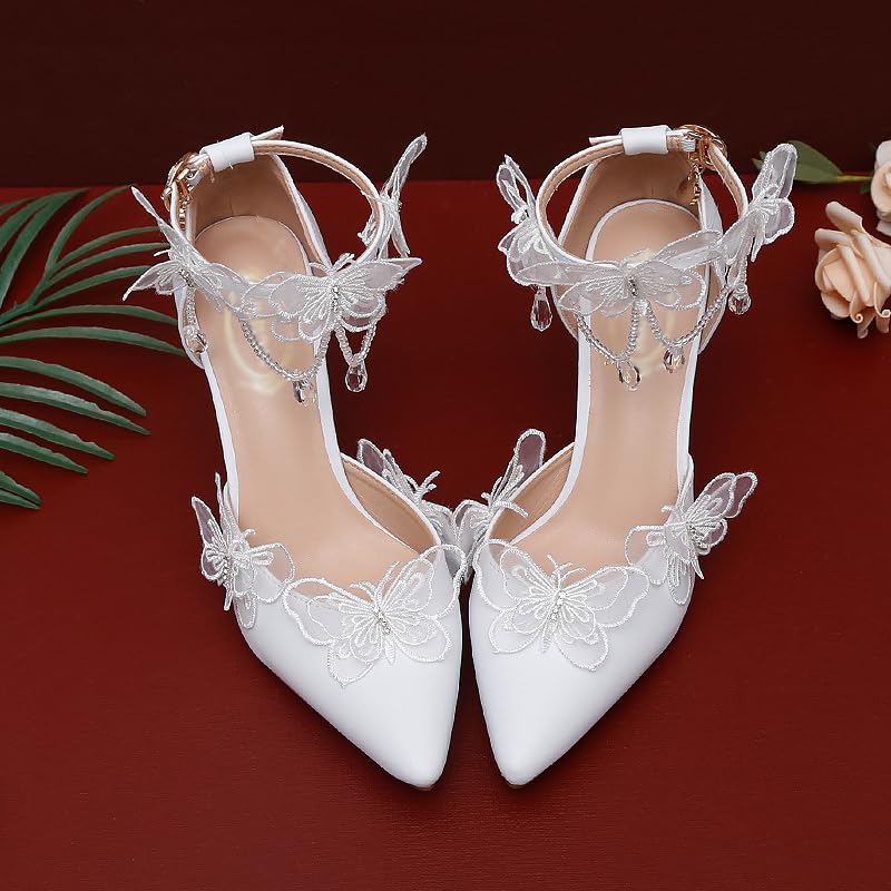 Bridal High Heels with Butterfly Appliques, White Lace Wedding Shoes, Ankle Strap, Stiletto Heel Pumps, Crystal Beaded Details,Sandals3