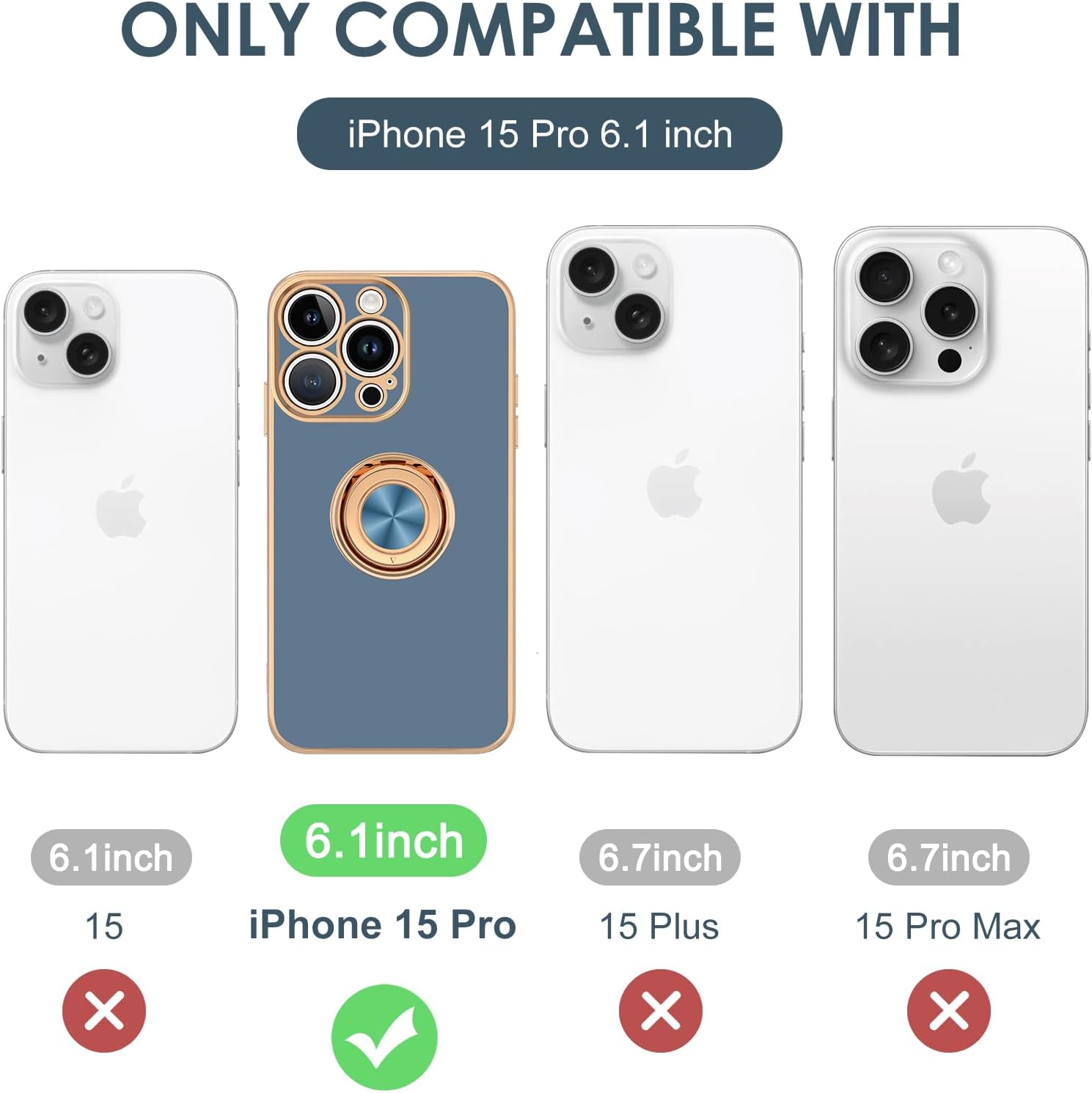 Hython for iPhone 15 Pro Case with Ring Stand, 360° Rotatable Ring Holder Magnetic Kickstand, Plating Rose Gold Edge Soft Cover Luxury Protective Phone Case for iPhone 15 Pro 6.1"​, Blue Gray - Image 7