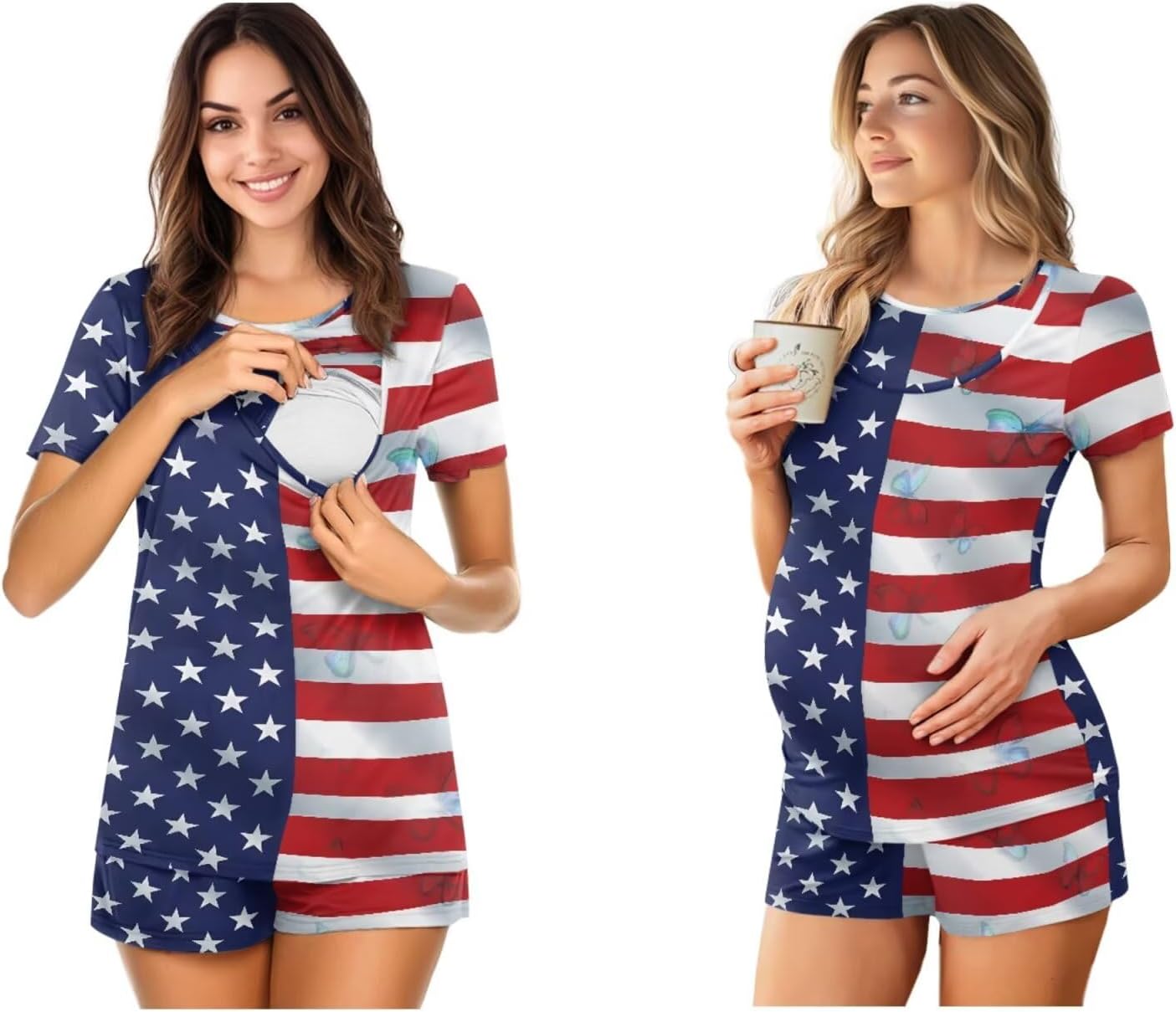 Maternity Nursing Pajamas Set Soft Elastic Short Sleeve Double Layer Breastfeeding Sleepwear Plus Size Pajamas Pjs